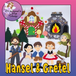 May include: A felt story set featuring Hansel and Gretel characters, a gingerbread house, a stone fireplace, and evergreen trees. The figures include a man with an axe, a woman, two children, and an elderly woman with a cane. Text reads Hansel & Gretel.