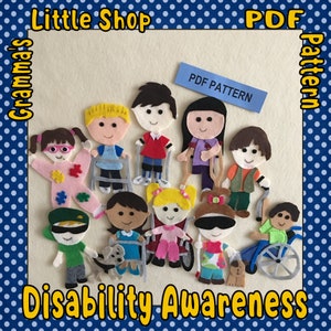 May include: A felt craft set featuring 10 different characters with disabilities. Each character is wearing a different outfit and has a unique disability. The set includes a wheelchair, walker, crutches, and a walking stick. The set is titled "Disability Awareness" and is available as a PDF pattern.