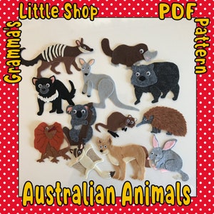 May include: A set of felt patterns for making Australian animals. The patterns include a koala, echidna, kangaroo, wombat, platypus, dingo, sugar glider, frilled neck lizard, bandicoot, and Tasmanian devil. The patterns are available as a PDF download.