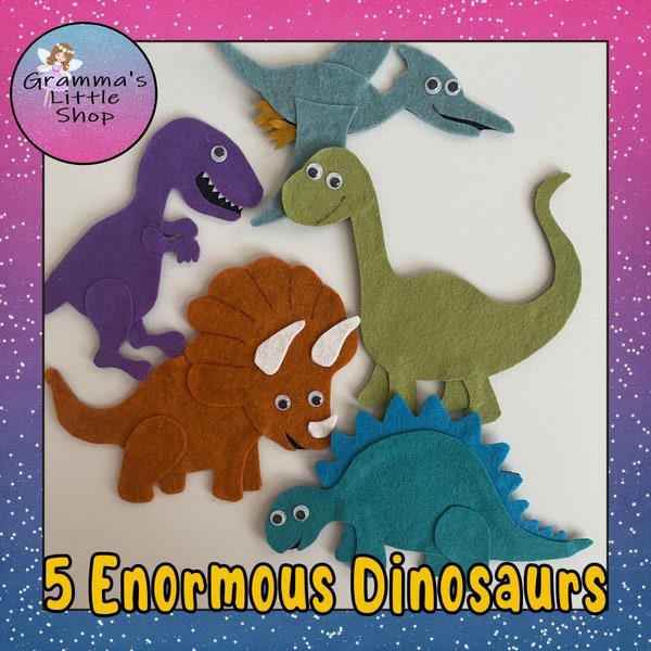 5 Enormous Dinosaurs Puppet and Felt Board Pattern,  DIY Feft Pattern, Dinosaur Felt Pattern, Dinosaur Puppets - Downloadable diy Pattern