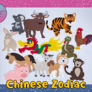 May include: Felt animal cutouts representing the 12 animals of the Chinese Zodiac. The animals are: Rat, Ox, Tiger, Rabbit, Dragon, Snake, Horse, Goat, Monkey, Rooster, Dog, and Pig. The animals are all in different colors and have different facial expressions.