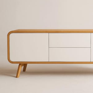 Aparador, cómoda baja, credenza, mueble para TV, almacenamiento de discos de vinilo, consola multimedia con cajones, muebles modernos de mediados de siglo, hechos a mano y personalizados. imagen 1
