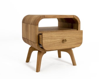Paar Nachttische, Nachttische mit Schubladen und Regal, Beistelltisch, Massive Eiche Schlafzimmer Lagerung Skandinavischer Art-Deco-Nachttisch