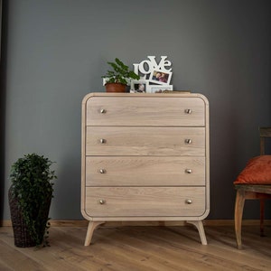 Houten ladekast in gewit eiken, massief eiken slaapkameropslag met 4 laden, Art Deco dressoir, op maat gemaakt massief houten slaapkamermeubilair
