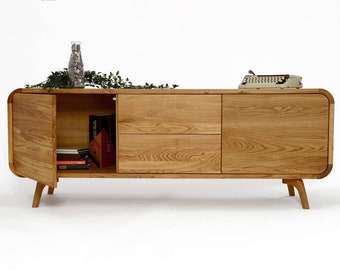 Mueble de TV de madera, aparador bajo con cajones, consola de madera alacena, soporte de TV, almacenamiento de discos de vinilo, tocador bajo, consola multimedia