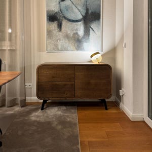 Mueble para guardar discos de vinilo de roble macizo, aparador de estilo moderno de mediados de siglo.