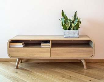 Porta TV piccolo, Porta dischi in vinile in massello di rovere con ante a chiusura ammortizzata, Porta dischi, Credenza, Consolle con libreria, Mobile TV