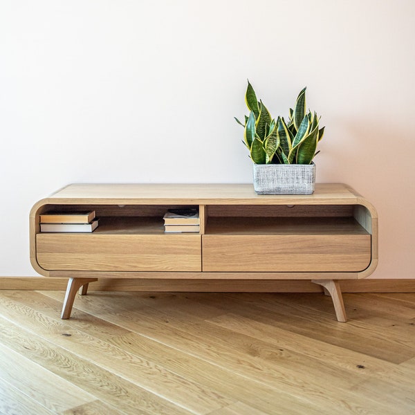 Petit meuble TV, Rangement pour disques vinyles en chêne massif avec portes à fermeture silencieuse, Rangement pour disques, Buffet, Console avec étagères, Meuble TV