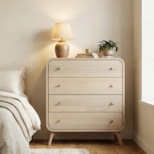 Cómoda de madera de roble blanqueado, mueble de dormitorio de roble macizo con 4 cajones, tocador Art Déco, muebles de dormitorio de madera maciza a medida