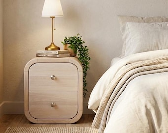 Bedside Table with two drawers in whitened oak, Wood Bedroom storage wit soft closing drawers, Nightstand, Side Table Handmade Furniture