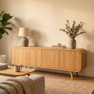 Oak Sideboard, Mid Century Modern Style, Solid Wood Media Console, TV Stand, Storage Cabinet