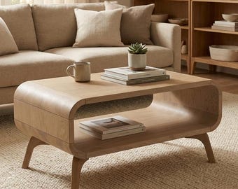Coffee Table with a shelf, Art deco coffee table, Low Solid Oak Coffee Table, wood coffee table, Sofa table Custom Handmade Oak, In Stock