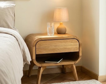 Pair of Nightstands, Set of Bedside Tables with drawers and shelf, Side Table, Solid Oak Bedroom Storage Scandinavian Art deco nachttisch