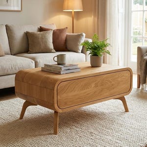 Wood Coffee Table, Storage Coffee table with a drawer, mid century Sofa Table, Low Coffee Table Solid wood table Handmade Oak furniture