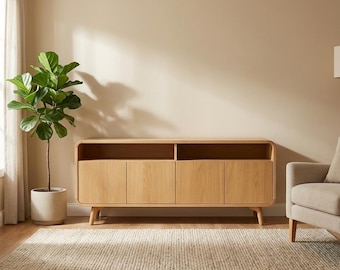 Long & Low Wood TV Stand, Console, Sideboard with 4 doors and compartments, vinyl record storage, Low Dresser, File Credenza Media Console