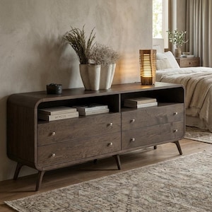 Mueble de TV grande. Consola de TV, estantería, 4 cajones, librería, cómoda de dormitorio, aparador hecho a mano, mueble de almacenamiento de mediados de siglo, roble macizo.
