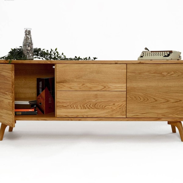 Holz-TV-Möbel, Niedriges Sideboard mit Schubladen, Schrank Holz-Konsolentisch, TV-Ständer, Schallplattenablage, Niedrige Kommode, Media-Konsole