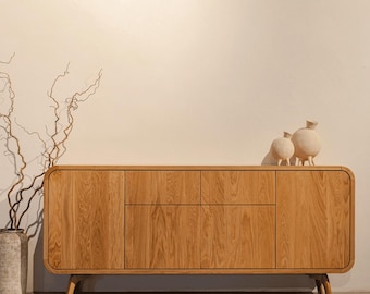 Solid Oak Sideboard: Modern Media Console, Vinyl Record Storage