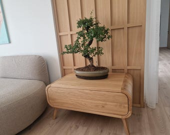 Solid Oak Coffee Table with Drawer, Art Deco Style