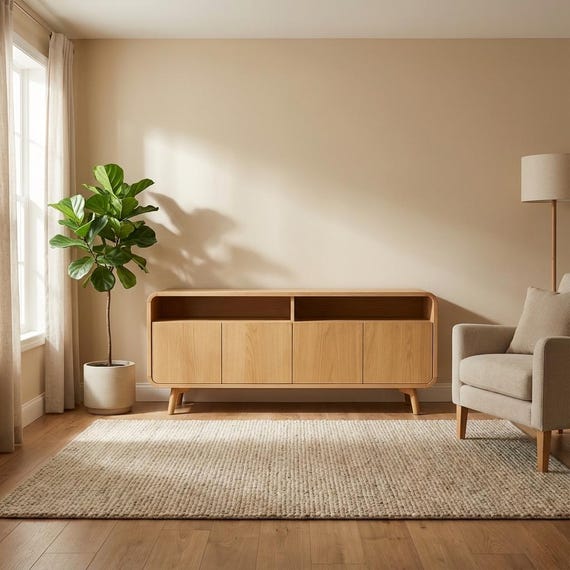 Long & Low Wood TV Stand, Console, Sideboard With 4 Doors and Compartments, Vinyl Record Storage, Low Dresser, File Credenza Media Console