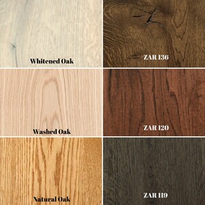 May include: A comparison of four different wood stain colors on oak wood. The colors are: Whited Oak, Washed Oak, Natural Oak, and ZAR 136. The stain colors are labeled with their names and ZAR numbers.