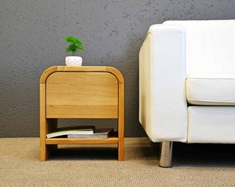 Nachttisch mit einer sanft schließenden Schublade und einem Regal, Nachttisch, Beistelltisch, Beistelltisch Sofatisch aus Massivholz, Nachttisch, Handgefertigte Möbel