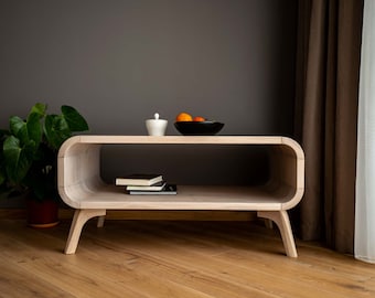 Art deco Coffee Table with a shelf in Whitened oak, Low Solid Oak Coffee Table, wood coffee table, Sofa table Custom Handmade Oak, In Stock