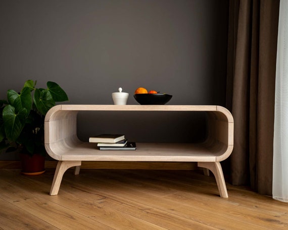 Art deco Coffee Table with a shelf in Whitened oak, Low Solid Oak Coffee Table, wood coffee table, Sofa table Custom Handmade Oak