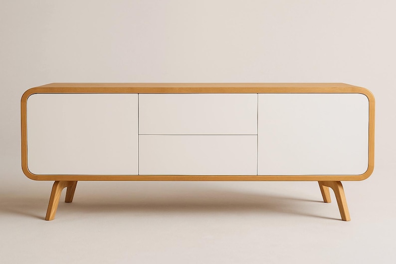 Aparador, cómoda baja, credenza, mueble para TV, almacenamiento de discos de vinilo, consola multimedia con cajones, muebles modernos de mediados de siglo, hechos a mano y personalizados. imagen 1