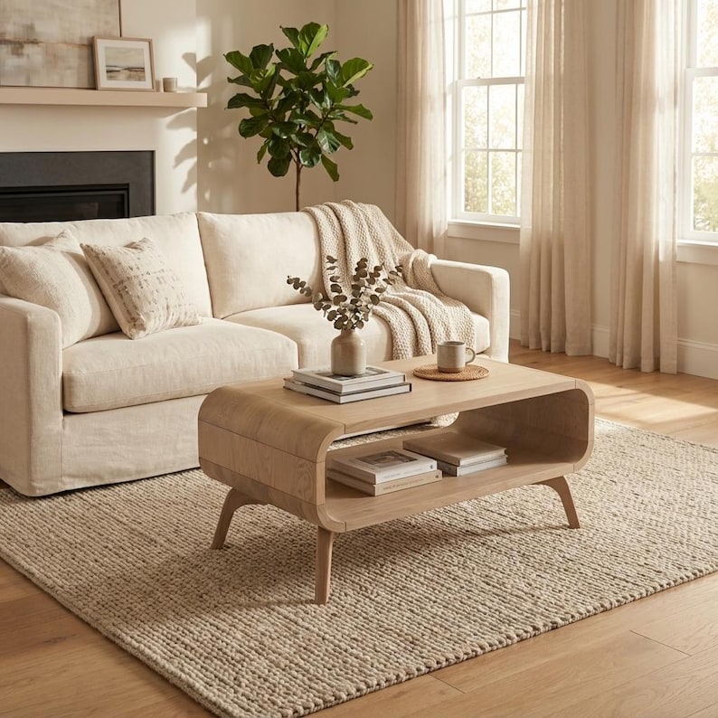 Art deco Coffee Table with a shelf in Whitened oak, Low Solid Oak Coffee Table, wood coffee table, Sofa table Custom Handmade Oak, In Stock image 2