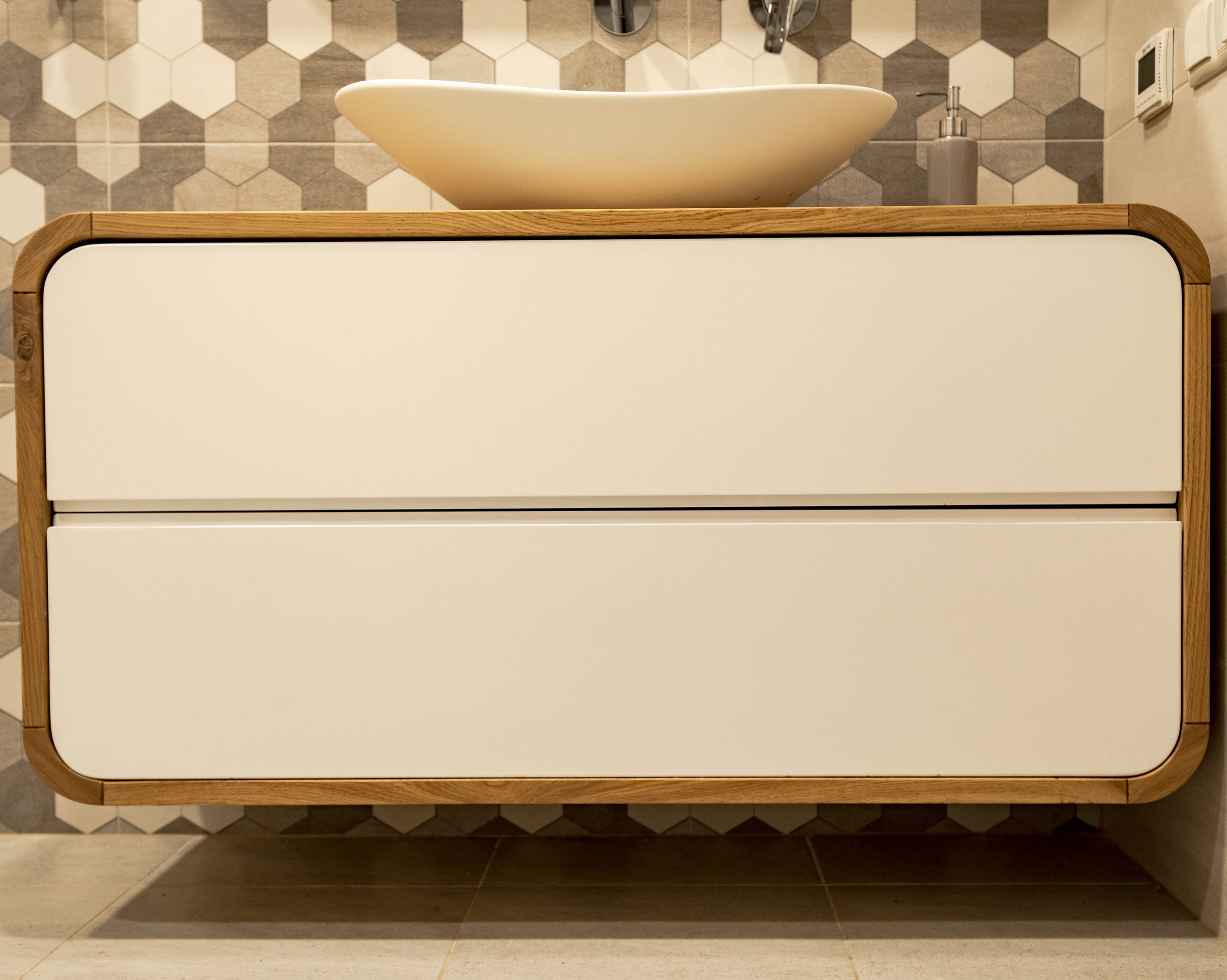 Meuble De Salle Bain, Meuble Vasque, Bain En Chêne Avec 2 Tiroirs À Fermeture Amortie Bois Naturel
