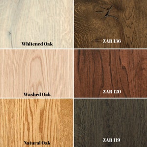 May include: A comparison of four different wood stain colors on oak wood. The colors are: Whited Oak, Washed Oak, Natural Oak, and ZAR 136. The stain colors are labeled with their names and ZAR numbers.