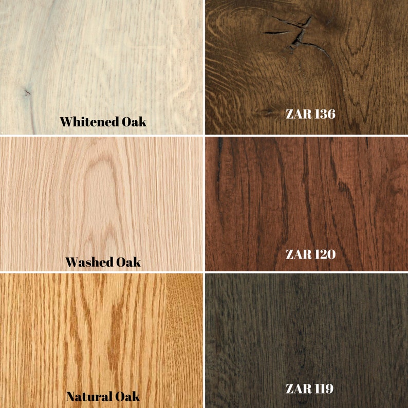 May include: A comparison of four different wood stain colors on oak wood. The colors are: Whited Oak, Washed Oak, Natural Oak, and ZAR 136. The stain colors are labeled with their names and ZAR numbers.