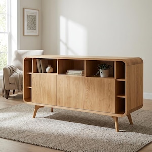 Mueble para TV/aparador de madera de roble de estilo moderno de mediados de siglo con almacenamiento.