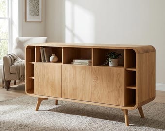 Mid Century Modern Oak Wood Media Console - TV Stand Sideboard with Storage