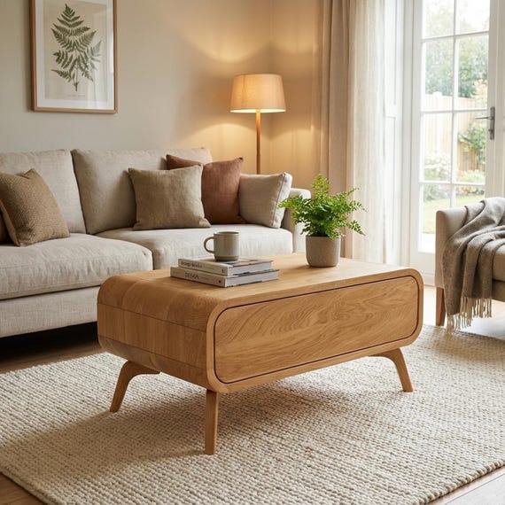 Wood Coffee Table, Storage Coffee Table With a Drawer, Mid Century