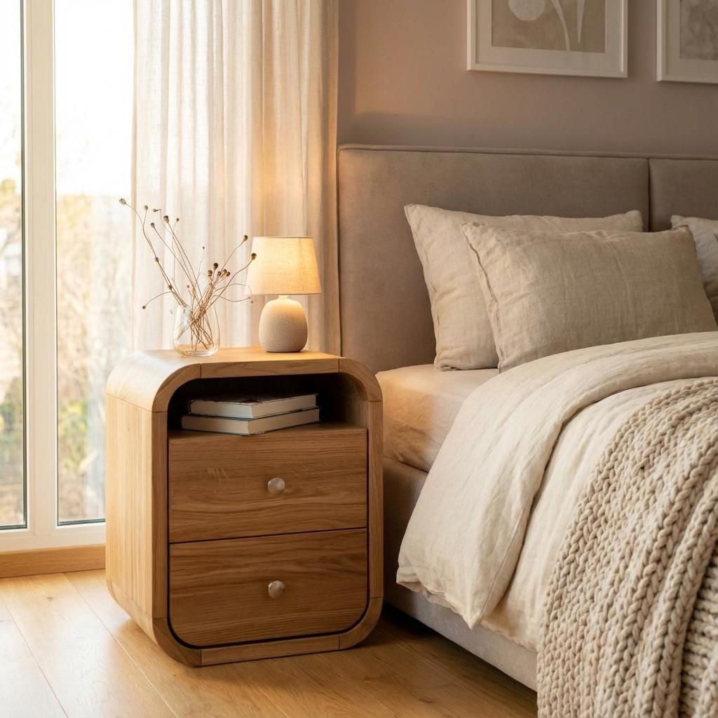 Coppia di comodini in rovere massello, stile metà secolo, con vani portaoggetti per la camera da letto. - Italia