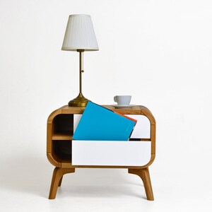 Mesa lateral de madeira com 2 gavetas, mesa de console moderna de madeira, mesa de cabeceira, mesa de cabeceira Art Déco, armazenamento de quarto de madeira, mesa final feita à mão