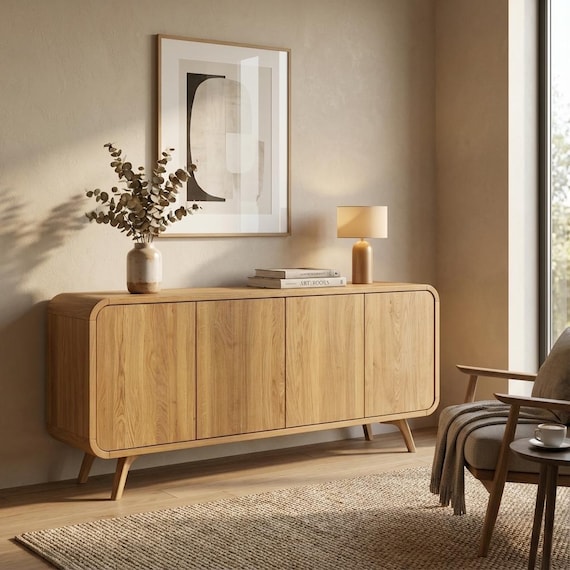 High Sideboard, TV-Schrank mit zwei Fächern, Fernsehtisch, Plattenaufbewahrung, Hohe Kommode, Aktenschrank, Art-Deco-Medienkonsole