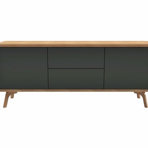 Wood Sideboard with black fronts, Low TV Unit with drawers and compartments, TV console, TV Stand, vinyl record storage, Media Console