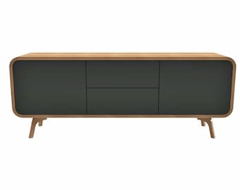 Wood Sideboard with black fronts, Low TV Unit with drawers and compartments, TV console, TV Stand, vinyl record storage, Media Console