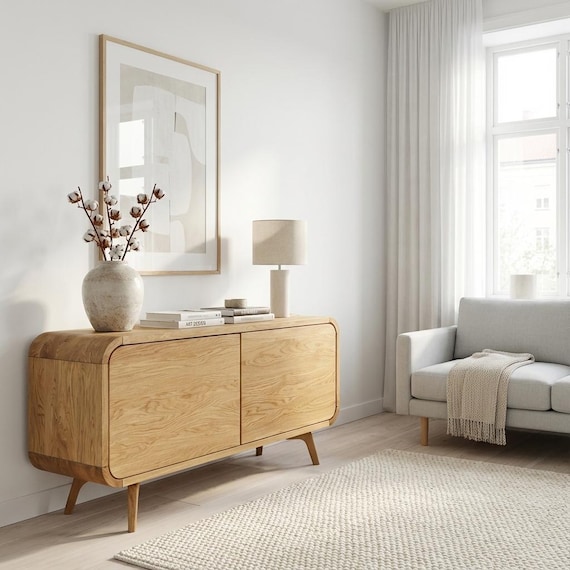 Holz Konsole, Schallplattenablage mit Türen, Sideboard, Eiche TV-Ständer, Niedrige Kommode, Sideboard Art Deco