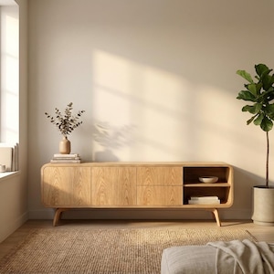 Mueble para TV de roble de estilo moderno de mediados de siglo - Mesa consola multimedia - Centro de entretenimiento retro