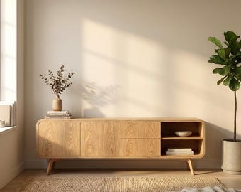 Mid-Century Modern Oak TV Stand - Media Console Table - Retro Entertainment Center