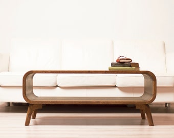 Art deco Coffee Table with a shelf, Low Solid Oak Coffee Table, wood coffee table, Retro style media console, entertainment center, In Stock