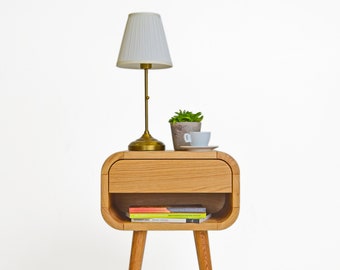 Solid Oak Mid-Century Modern Side Table with Drawer, Handmade