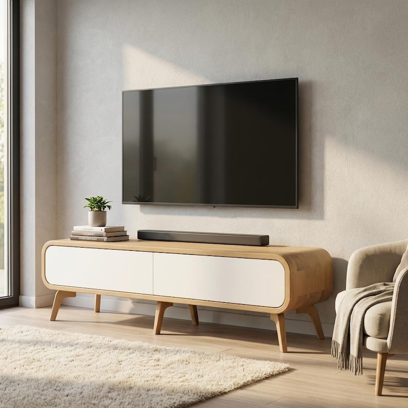 Wood TV Stand, Media Unit in oak with 2 drawers, Lowboard, Entertainment TV Unit, Media Console table, Media cabinet, record player stand image 1