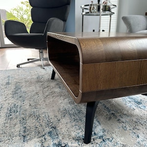 Solid Oak Coffee Table with Shelf, Retro Style Media Console, In Stock