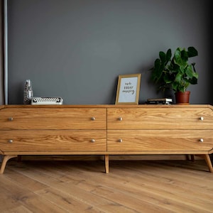Solid wood Sideboard, TV Console table with 4 drawers, Media Console, Low Dresser Modern vinyl record storage Handmade Custom Furniture