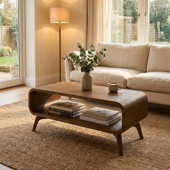 Art Deco Coffee Table With a Shelf, Low Solid Oak Coffee Table